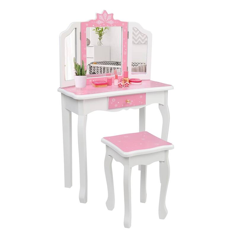Kids Vanity Table and Stool Set Three-Sided Folding Mirror Single Drawer