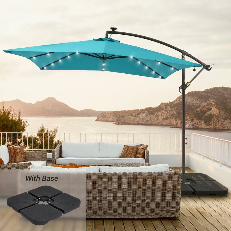 LIVOOSUN 8.2Ft LED Square Offset Hanging Patio Umbrellas w/Base - Lake Blue