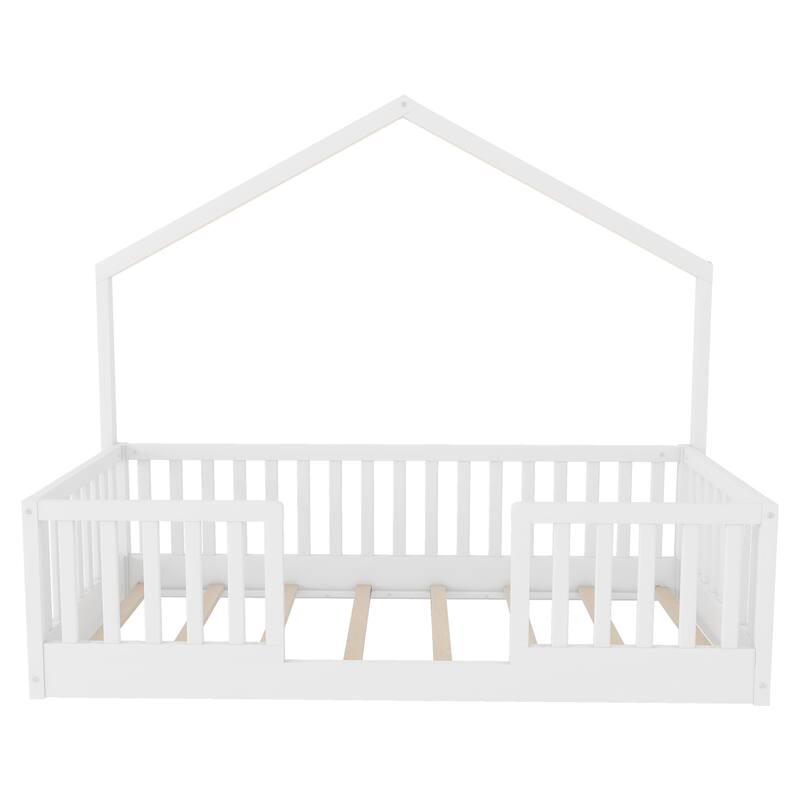 Wooden Floor Bed House-shaped Frame, Montessori Floor Bed with Light and High Rails, Wood Slat Support Floor Daybed