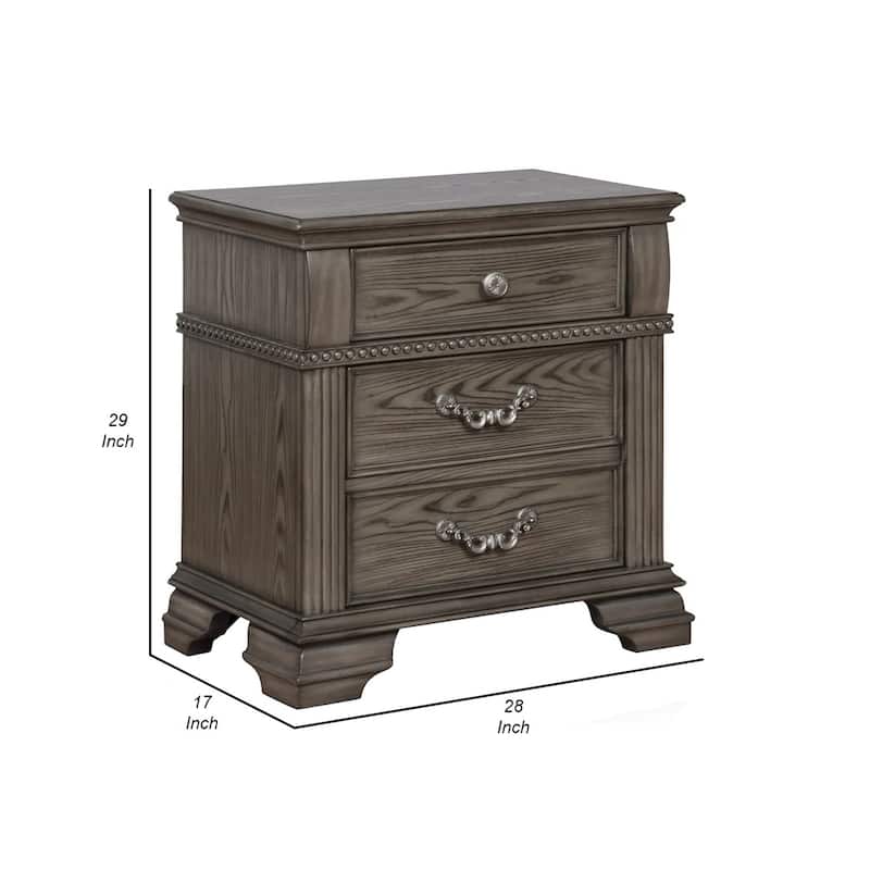 Akia 28 Inch Traditional 3 Drawer Nightstand, Metal Knobs, Smooth Gray