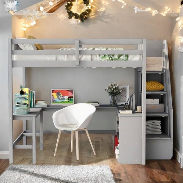 slide 2 of 12, Full Size Loft Bed with Built-in L-Shaped Desk, Storage Shelves, and Storage Staircase Grey