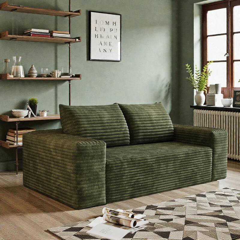 63" Corduroy 2-Seater Sofa, Deep Seat Comfy Loveseat Couch, No-Assembly Soft Fabric Sofa for Living Room & Apartments - Green