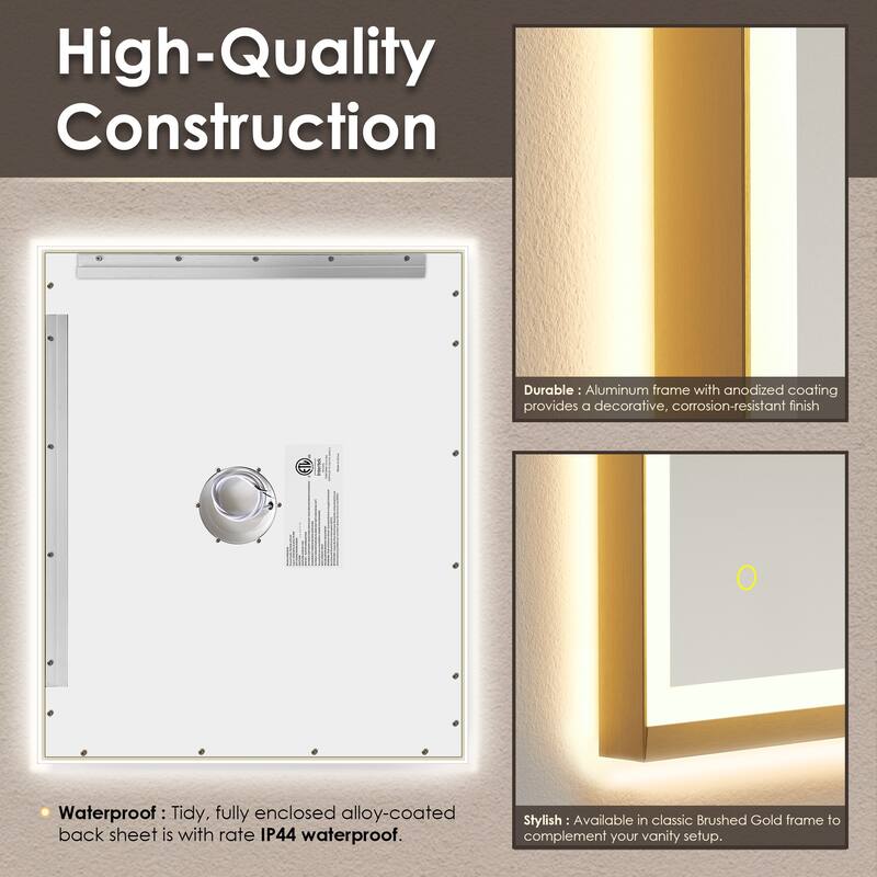 Apollo Rectangular Anti-Fog Dimmable Modern Bathroom/Vanity LED Lighted Wall Mirror in Brushed Gold Aluminum Framed