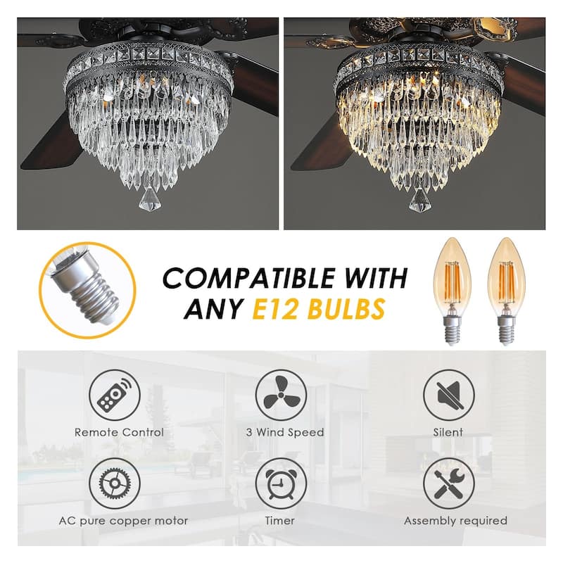 52"/62" Modern Crystal Chandelier Ceiling Fan Light,Reversible Airflow,E12 Bulbs,for Bedroom,Kitchen,Patio