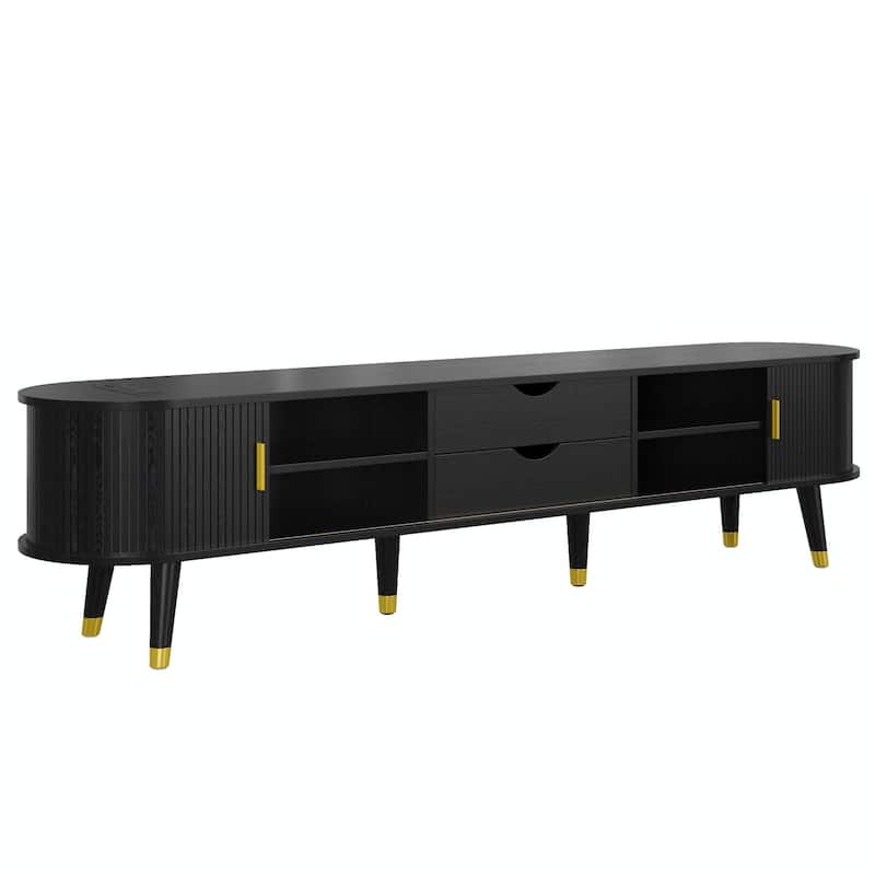 Farmhouse TV Cabinet with Golden Handle,Charging Station and Sliding Tambour Door