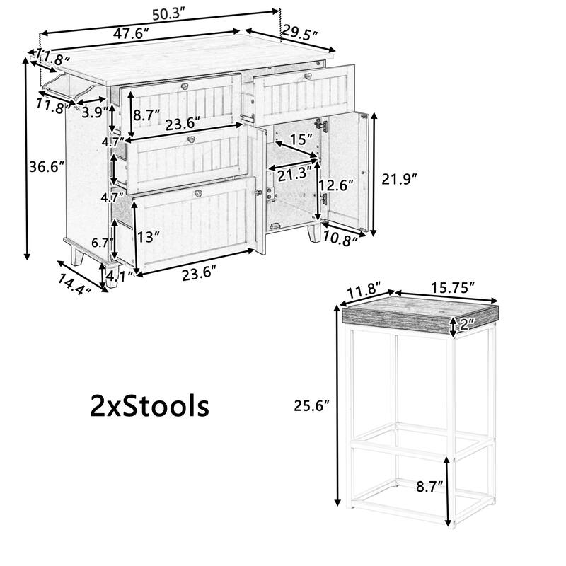 3PCS Sets Farmhouse Kitchen Island with 2 Seatings, Drop Leaf, Cabinet, Drawers & Towel Rack