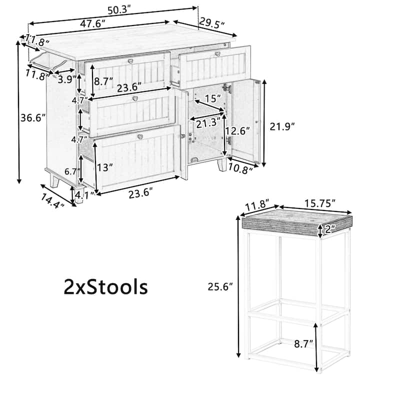 Farmhouse Kitchen Island Set with Folding Boards, 2 Seats, 4 Drawer Storage and Towel Rack, for Kitchen, White+Rustic Brown