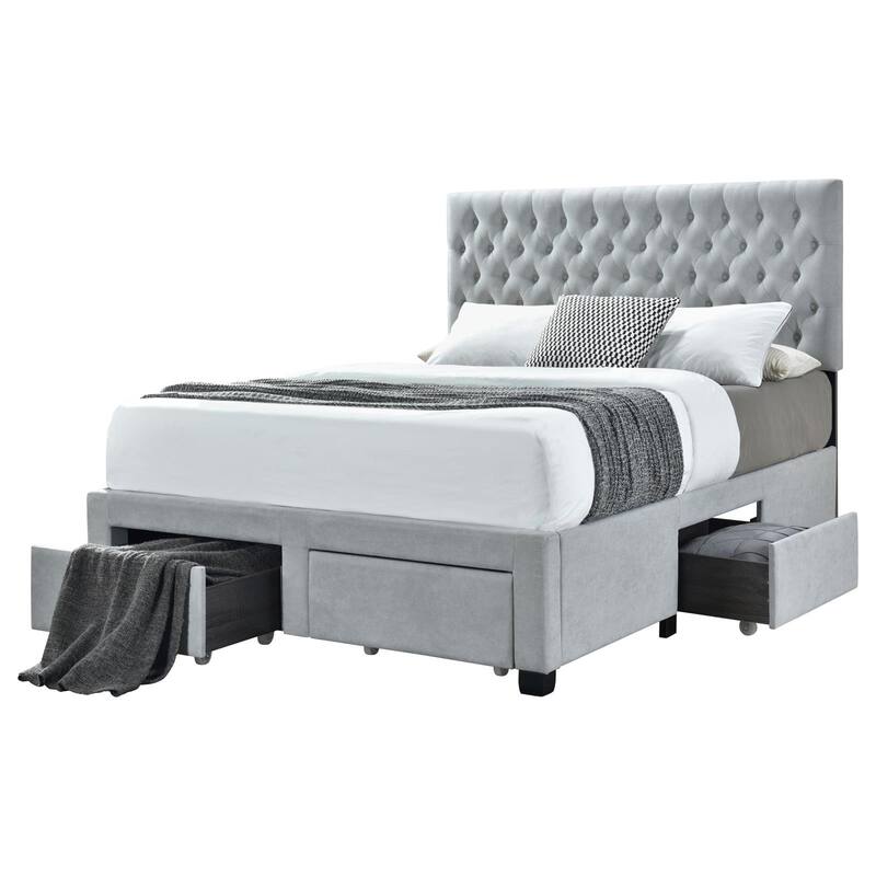 Light Grey Tufted 4-Drawer Queen Storage Bed with Upholstered Headboard