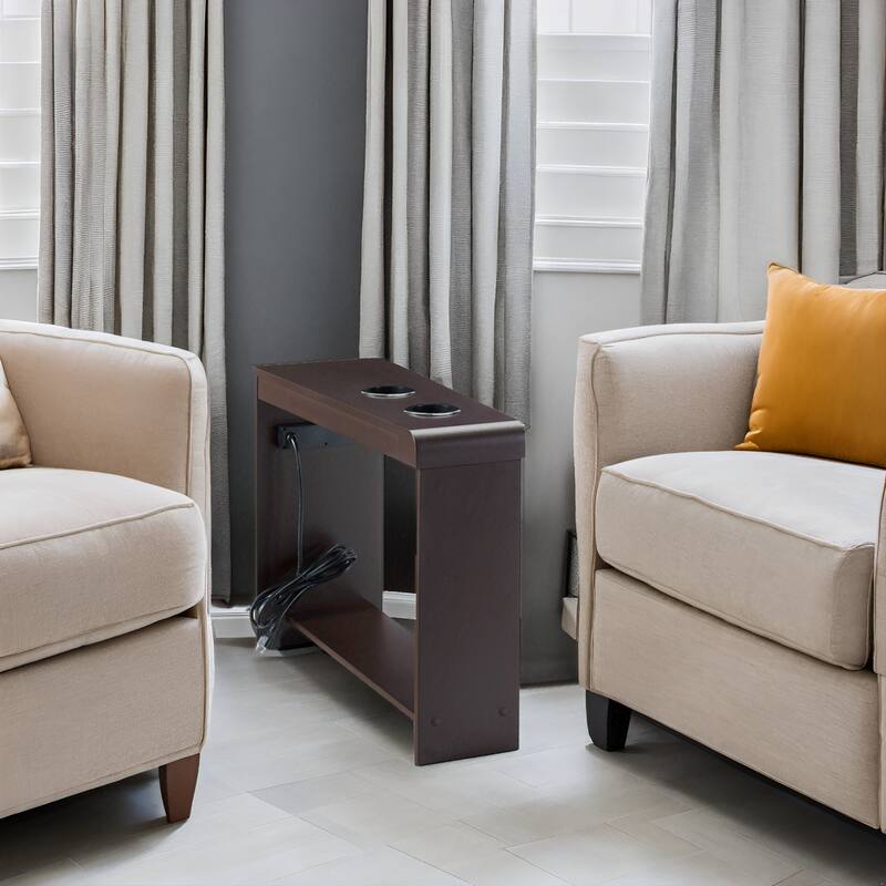 Narrow End Table with Charging Station - Side Table Nightstand with Storage, 2 Power Outlets & 2 USB Ports