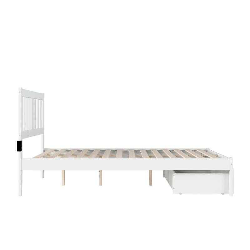 Bed with Foot Drawer & USB Charger - Solid Wood Platform Bed - Walnut Finish