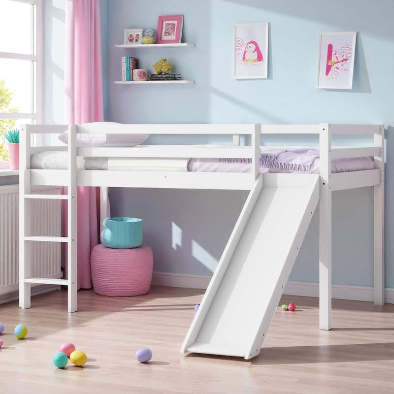 Twin Low Loft Bed with Slide and Ladder, Solid Rubber Wood Loft Bed with Guardrails and Underbed Play or Storage Space - White - Twin