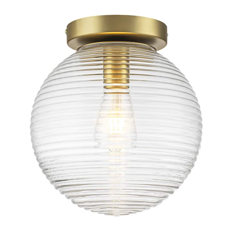9.84 in. 1-Light Modern Brushed Gold Ribbed Clear Glass Globe Semi-Flush Mount Ceiling Light - 9.84 in. W x 10.63 in. H
