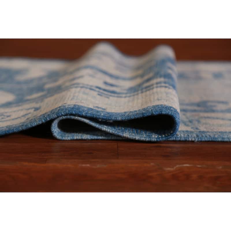 Hand Knotted Oriental 100% Wool Carpet Transitional Geometric Navy Blue & Blues Oushak Runner Rug - 15' 2'' X 2' 10''