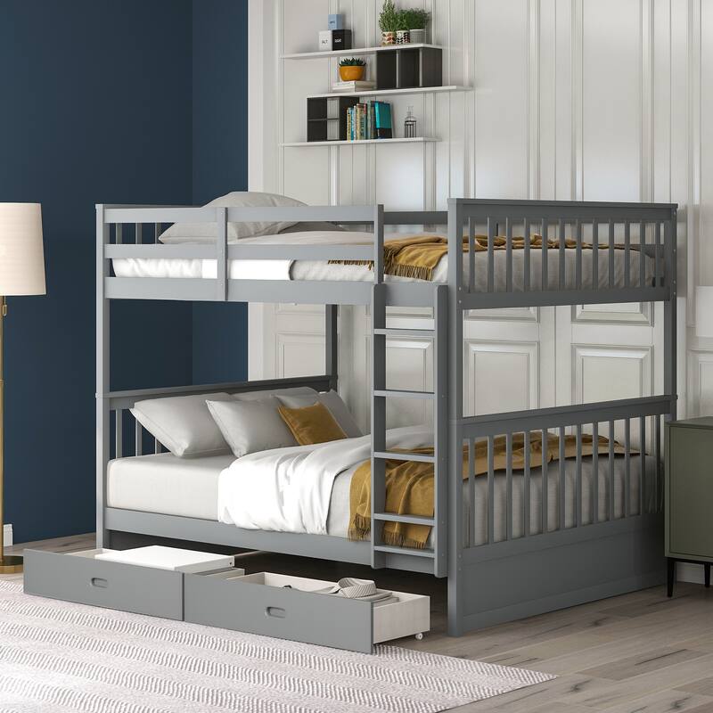 Gray Contemporary Metal Tube Bunk Bed with Double Ladder, FullLength