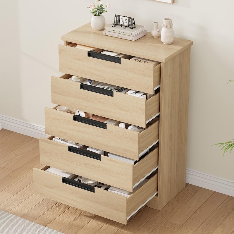 5 Drawer Dresser for Bedroom, Natural Chest of Drawers with Embedded Handles, Wooden Dresser Organizer
