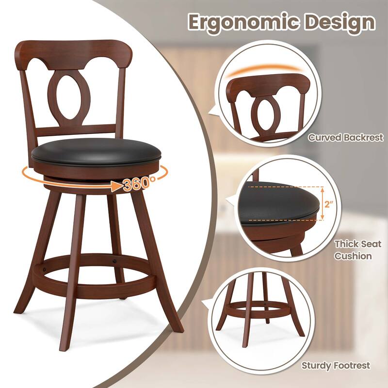 Set of 2 Bar Stools Swivel Counter/ Bar Height Chairs w/ Footrest