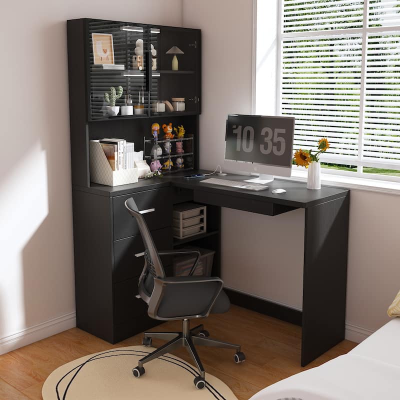 Computer Desk with Glass Cabinets & Built-In LED Lights, Corner L-Shaped Office Desk with USB Charging Ports, Keyboard Tray