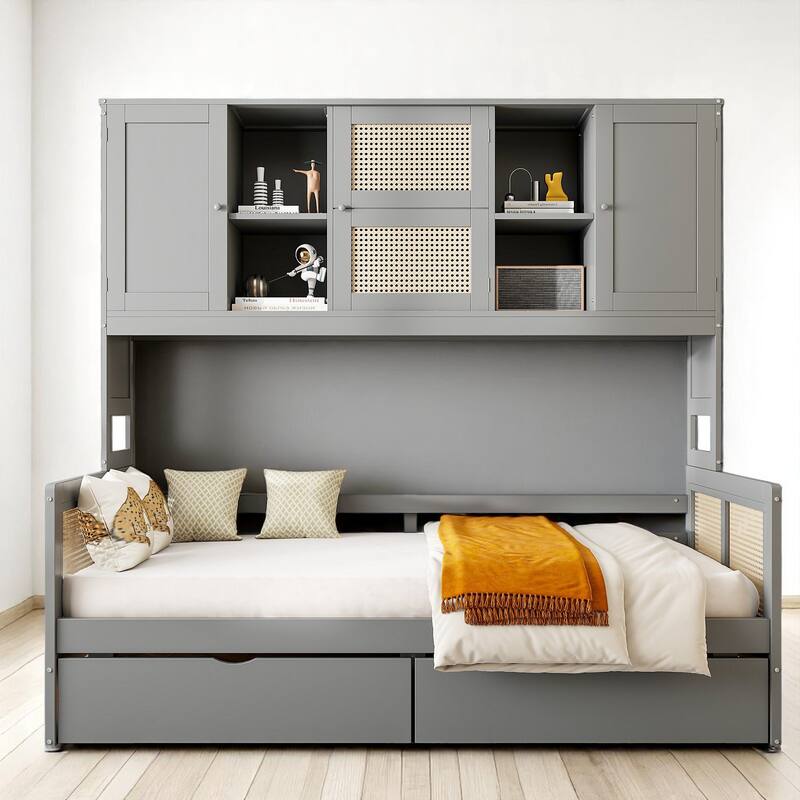 Wooden Twin/Full Daybed with Drawers, All-in-One Cabinet and Shelf Storage, No Box Spring Required