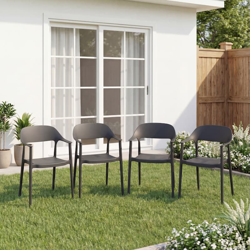 Outdoor Stackable Plastic Chairs Dining Chair Set 4-Piece Lightweight Curved Backrest Armchair - Black