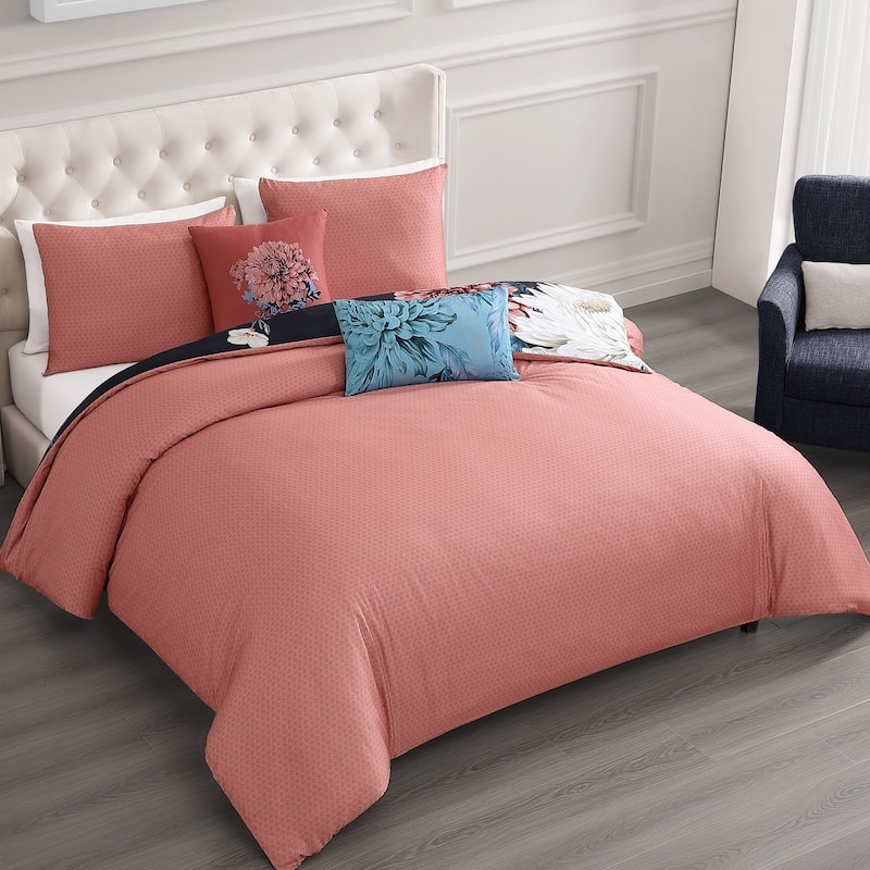 Bebejan Navy Mums 100% Cotton Sateen 5 Piece Reversible Comforter Set