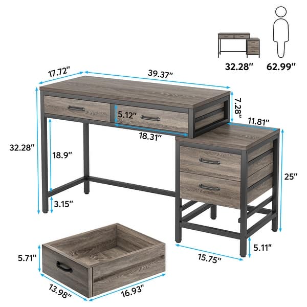 dimension image slide 4 of 7, Computer Desk with 5 Drawers, Reversible Writing Desk with File Cabinet Printer Stand