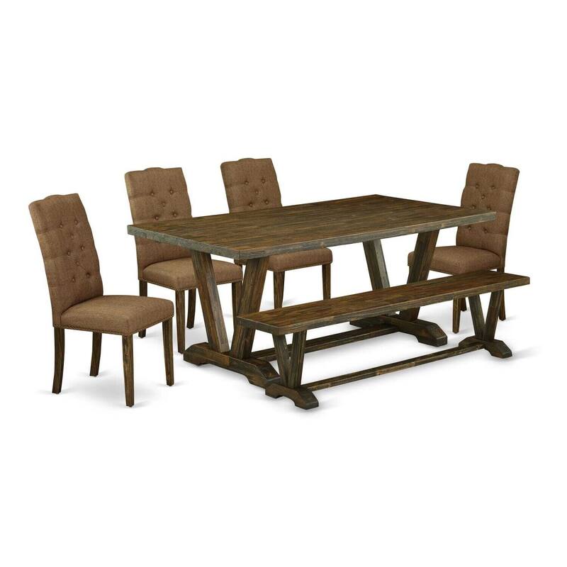 Wooden Dining Table Set 6-Piece - Kitchen Table with Chairs & Bench - Modern Parson Design