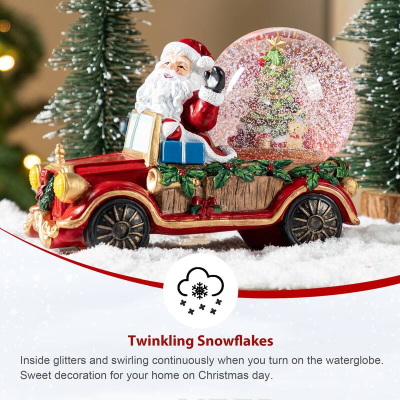 Glitzhome 100mm Christmas Resin Lighted Musical Snowflakes Santa Car Waterglobe