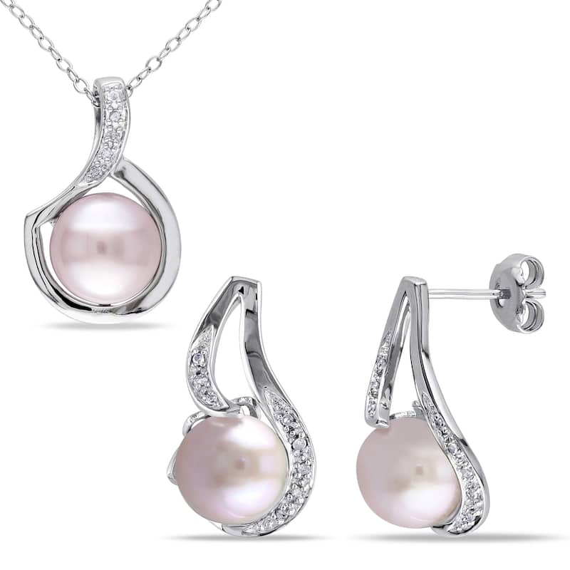 Miadora Sterling Silver Cultured Freshwater Pink Pearl 1/10ct TDW Diamond Swirl Necklace and Earrings Set (G-H, I2-I3)