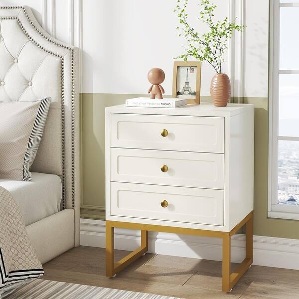 3Drawer Nightstand, White Modern Sofa End Table, Woode for Bedroom