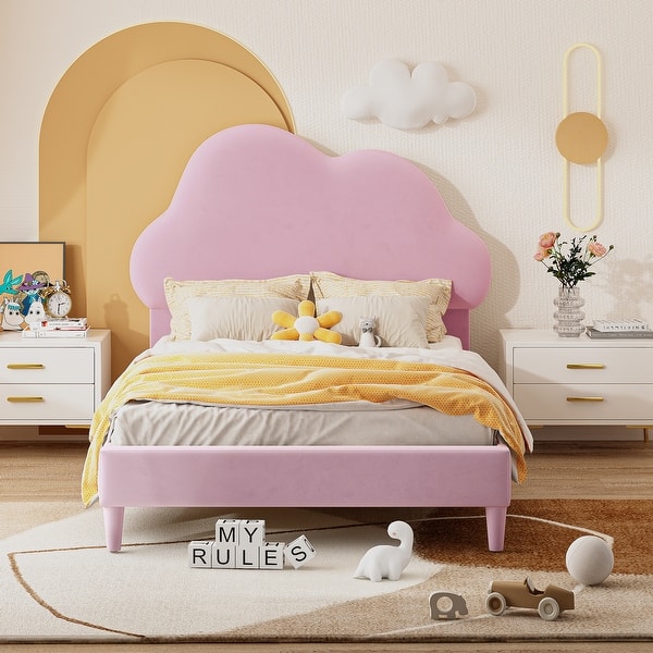 slide 2 of 12, Twin Size Velvet Upholstered Cloud-Shape Bed with Headboard, No Box Spring Needed Pink