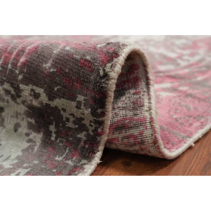Hand Knotted Oriental Viscose Silk Carpet Modern Geometric Pink Abstract Area Rug - 6' 2'' X 4' 1''