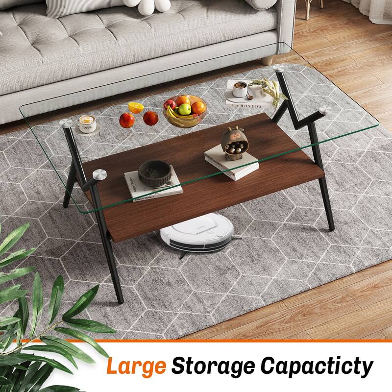 Rectangle Coffee Table with Tempered Glass Top and Shelf
