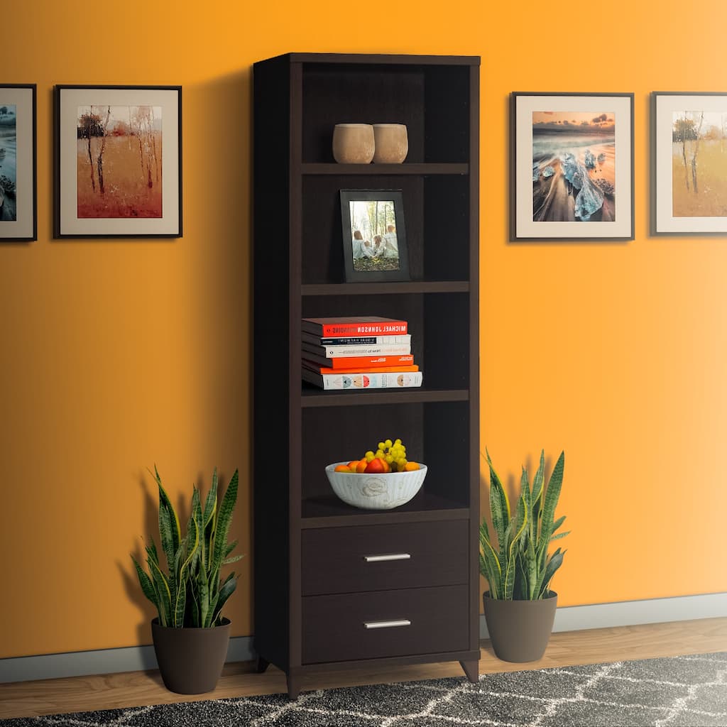 3 Shelf Wooden Media Tower with 2 Drawers, Dark Brown