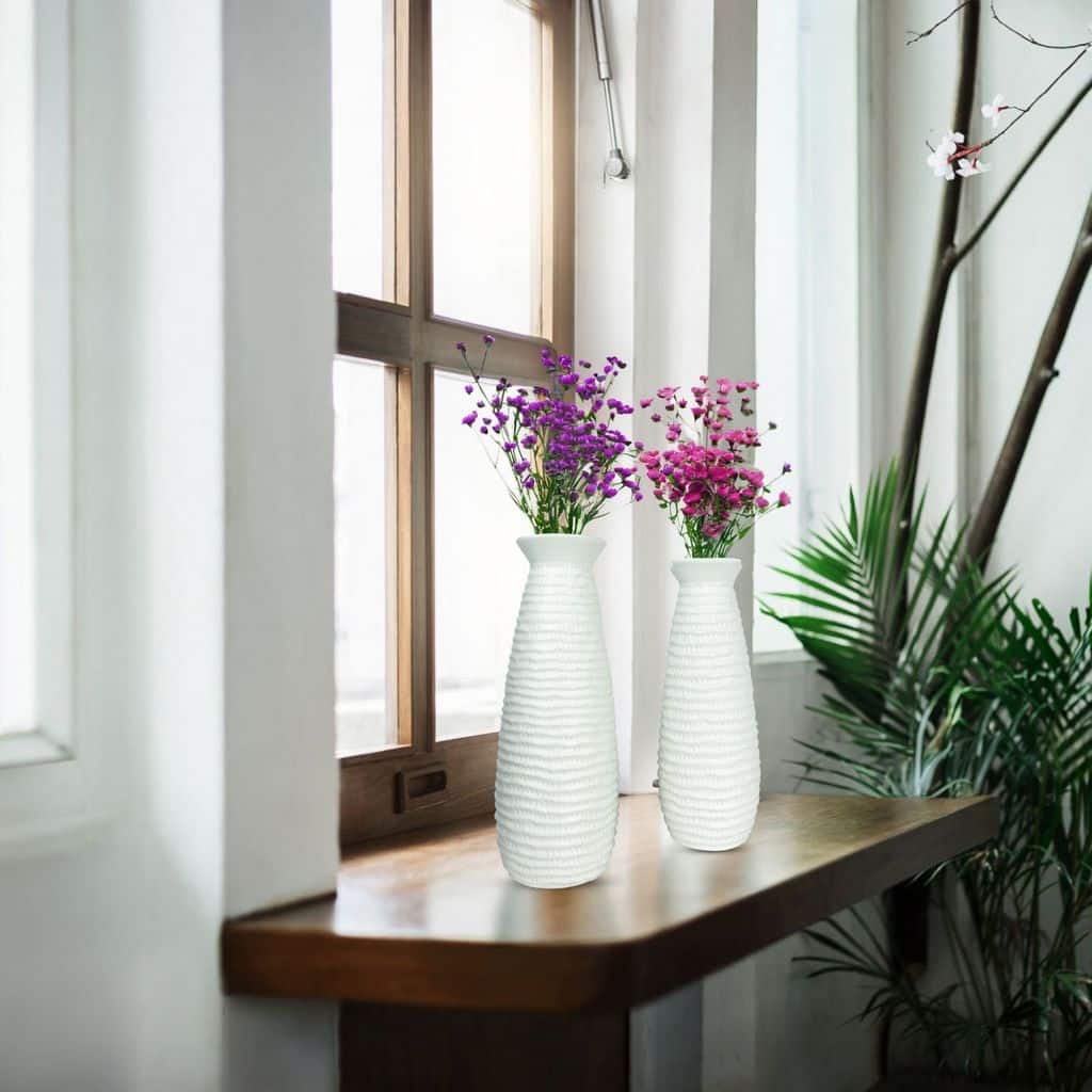 White Ceramic Cylinder Table Vases Set of 2 Modern Decorative Accent