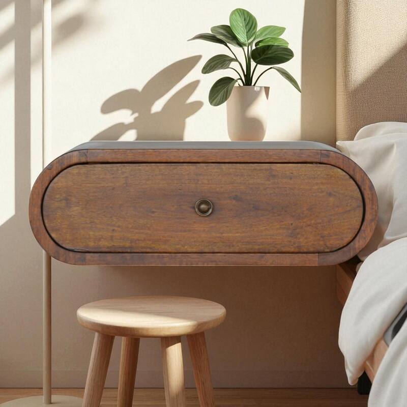 Wall-Mounted Round Chestnut Bedside with One Drawer - Chestnut