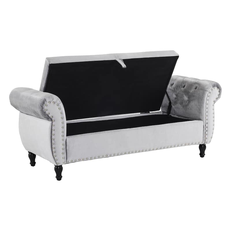 51.25" Velvet Storage Ottoman Bench with Rolled Arms and Wood Legs