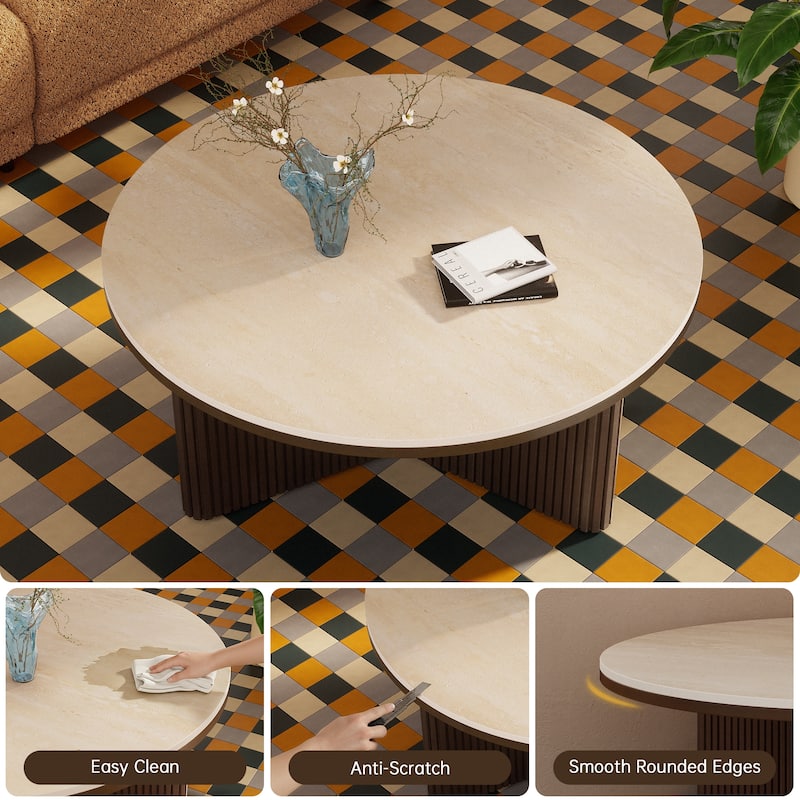 35" Round Coffee Table with Sintered Stone Top and Vertical-Groove Column Base for Living Room