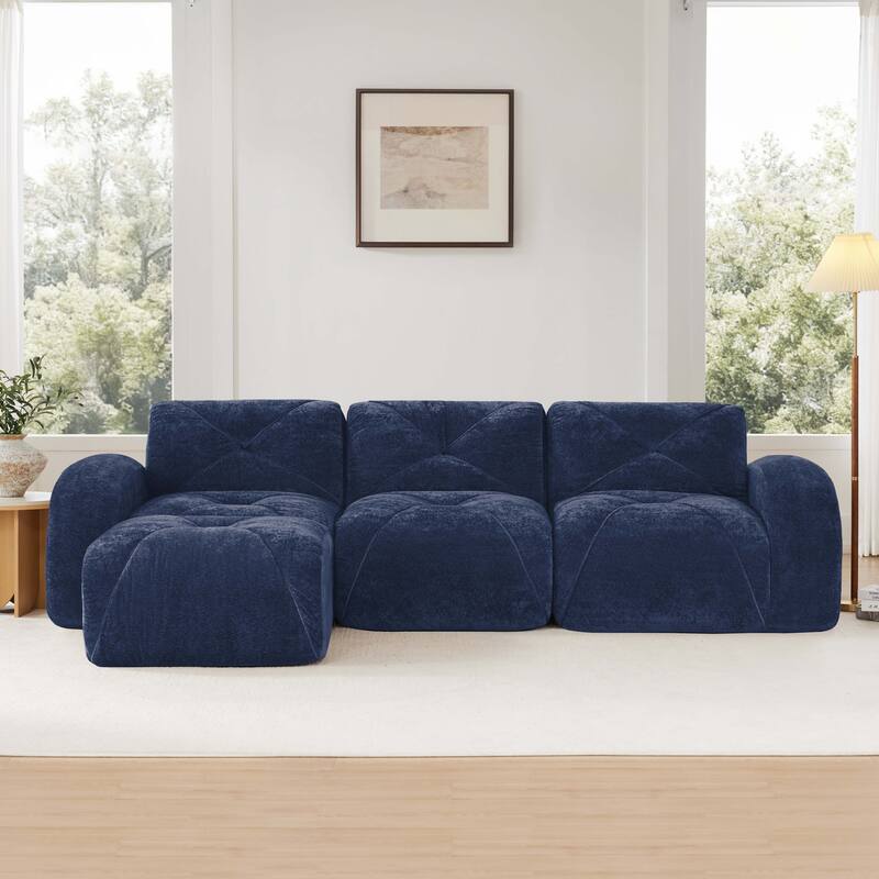 Rossetta 110'' 3-Seater L-Shaped Anti-Slip Design Retro Classic Color Velvet Tufted Modular Boneless Sofa with 1 Movable Ottoman - Blue