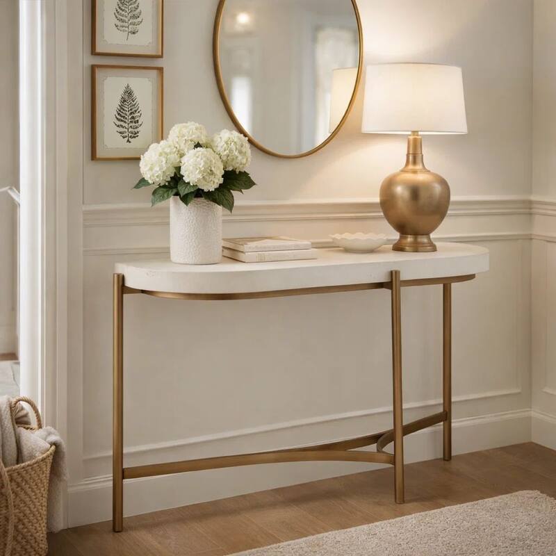 Leyu 51 Inch Curved Console Sofa Table, White Concrete Top, Bronze Base