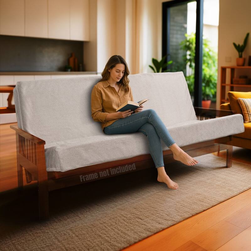 Memory Foam Infused Futon Mattress Full XL - Washable Removable Cover, Thick Foldable Sofa Bed Cushion (Frame NOT Included) - Beige+Light Natural