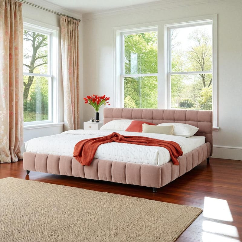 King Upholstered Platform Bed, Chenille Fabric, Headboard, Solid Frame, Under-Bed Storage Drawer, Modern Low-Profile - Pink - California King