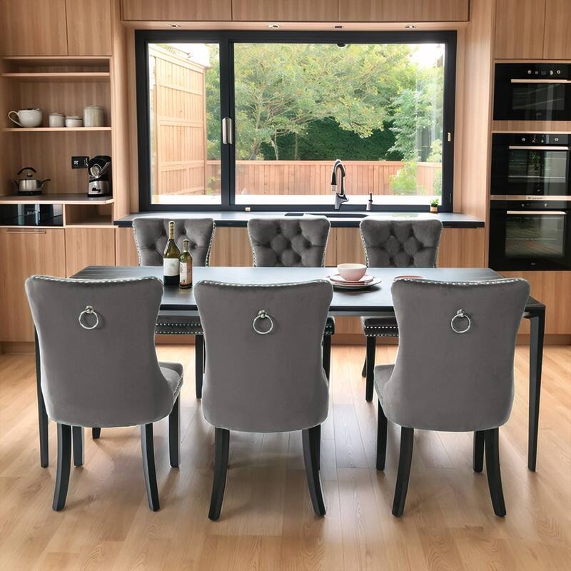 Modern Tufted Velvet Upholstered Nailhead Dining Chair Set of 6 - Grey