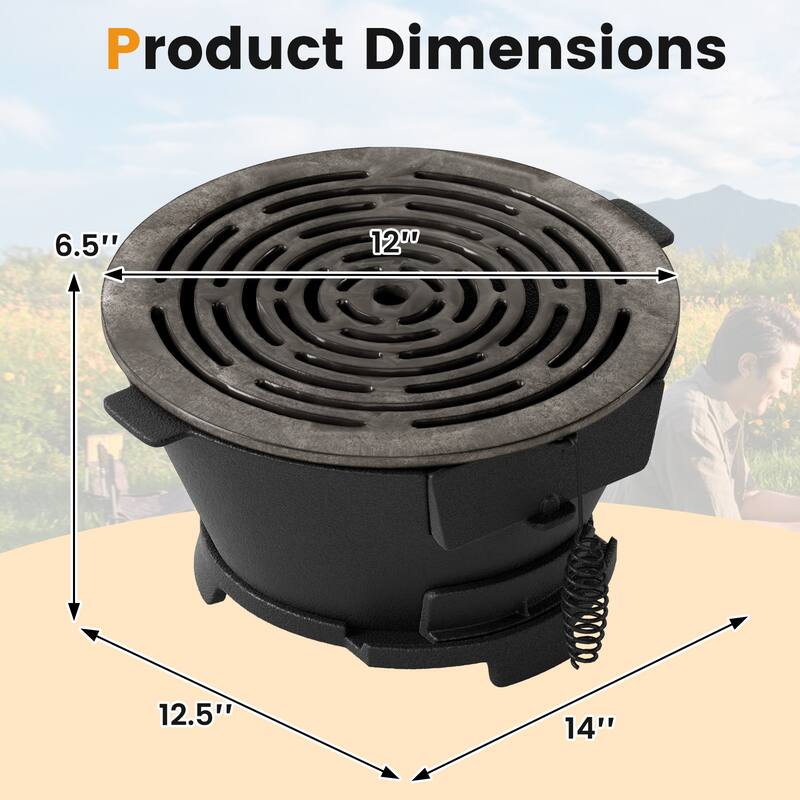 12" Round Portable Cast Iron Charcoal Grill Hibachi BBQ Stove for Camping or Picnics - 14" x 12.5" x 6.5"