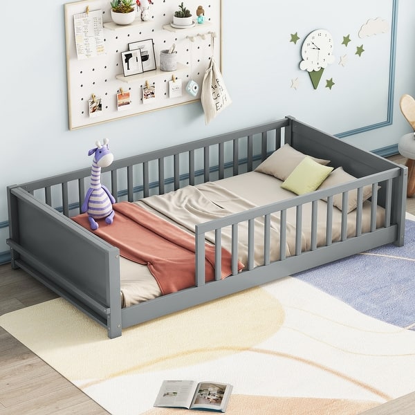 slide 2 of 35, Sturdy Structure Floor Twin size Platform Bed with Built-in Book Storage Rack for Home Grey