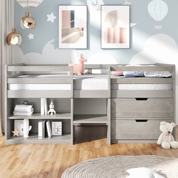 slide 2 of 10, Wood Twin Size Low Loft Bed with 2 Shelves and 2 Drawers for Kids Teens Grey