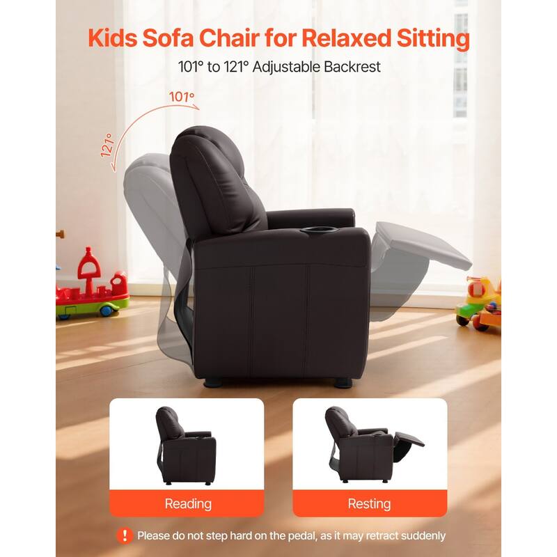 Kids Recliner Chair with Adjustable Backrest, Cup Holders and Leather Surface - 22.4 x 20.3 x 25.8 in