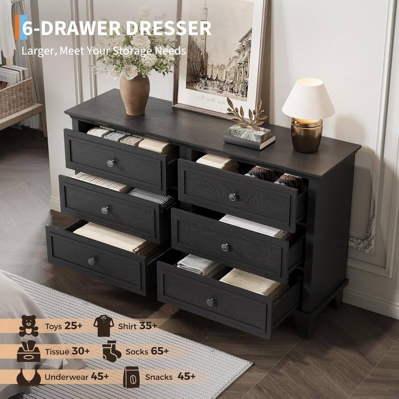6 Drawer Dresser, Wooden Storage Chest of Drawers for Bedroom, Living Room, Hallway