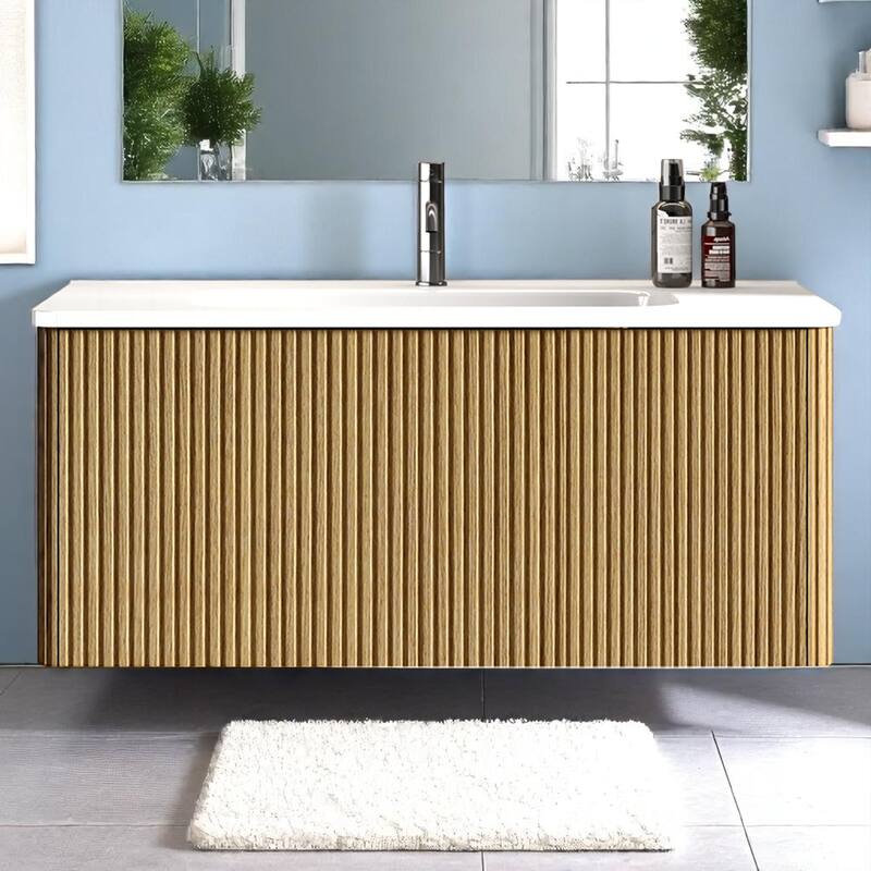 36" Floating Bathroom Vanity, Integrated Ceramic Sink, Push-Open Drawer & U-Shape Wall Fitting,Wall-Mounted MDF Vanity Cabinet