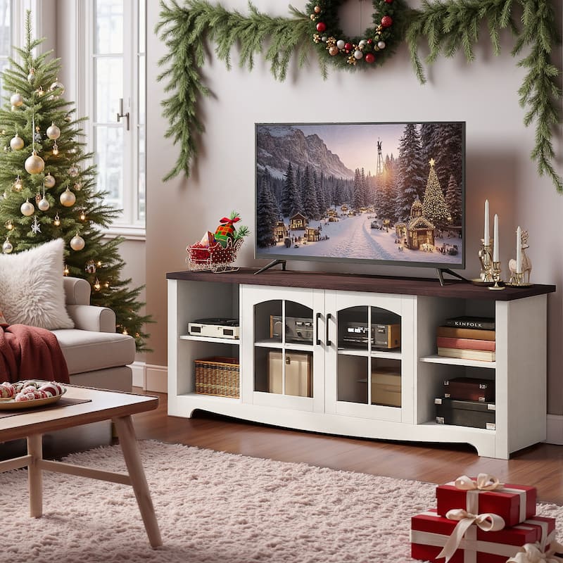 EROMMY Solid Wood TV Stand, Modern Entertainment Center with Glass Doors & Adjustable Shelves.