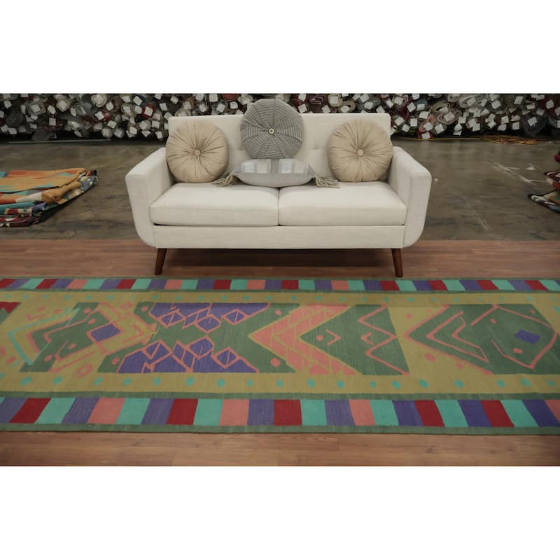 Hand Woven Oriental 100% Wool Carpet Southwestern Tribal Green Kilim Runner Rug - 11' 8'' X 4' 0''